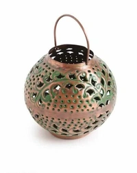 Antique Copper Iron Lantern With Handle In Green Patina Finish (Dia - 8in, H - 7.5in) - Free Size, Metal, Antique, Pack of 1